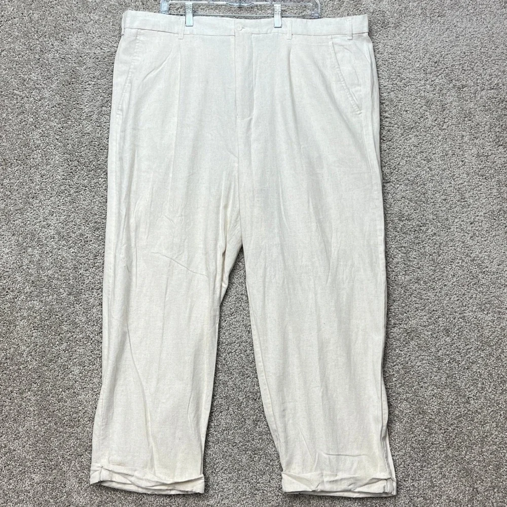 Trust Pants Mens 42x30 Beige Pleated Straight Leg Trousers Linen Blend EUC
